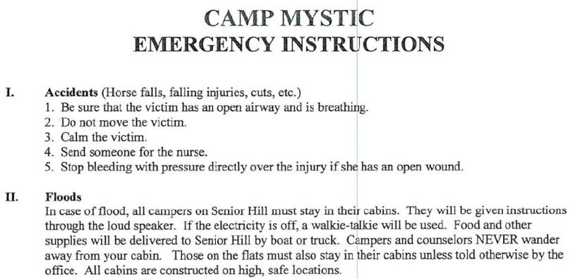 Excerpt from Camp Mystic Emergency Instructions