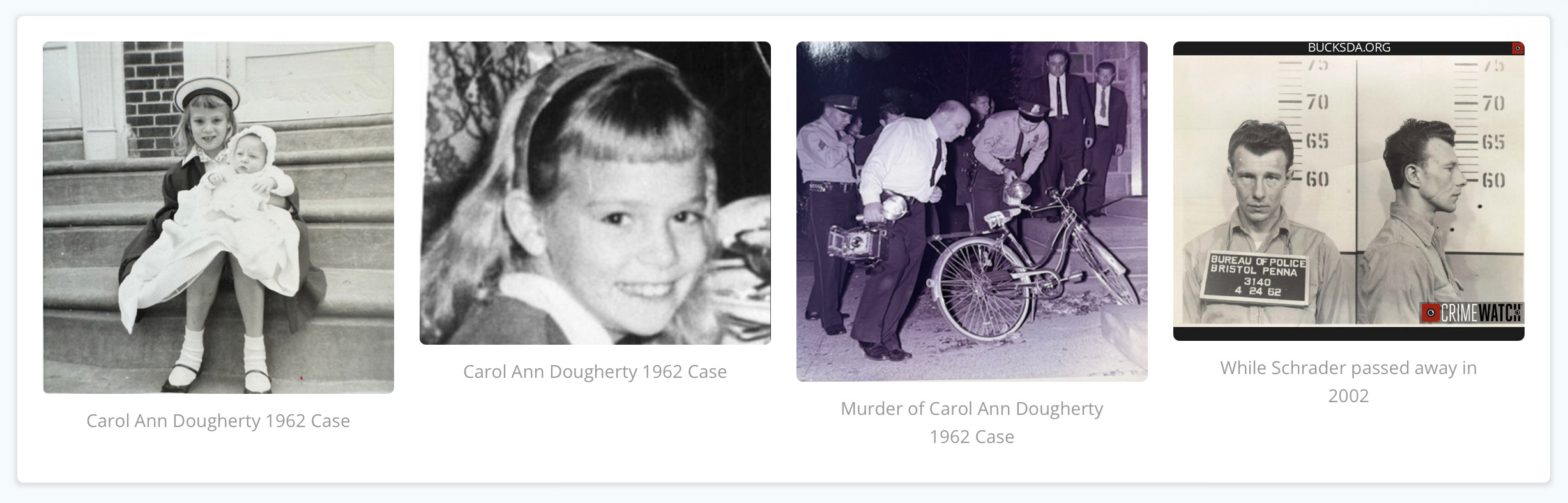 SUSPECT IDENTIFIED IN 1962 MURDER OF CAROL ANN DOUGHERTY Sourced via CRIMEWATCH®: https://bucks.crimewatchpa.com/da/29567/post/cold-case-finds-justice-suspect-identified-1962-murder-carol-ann-dougherty